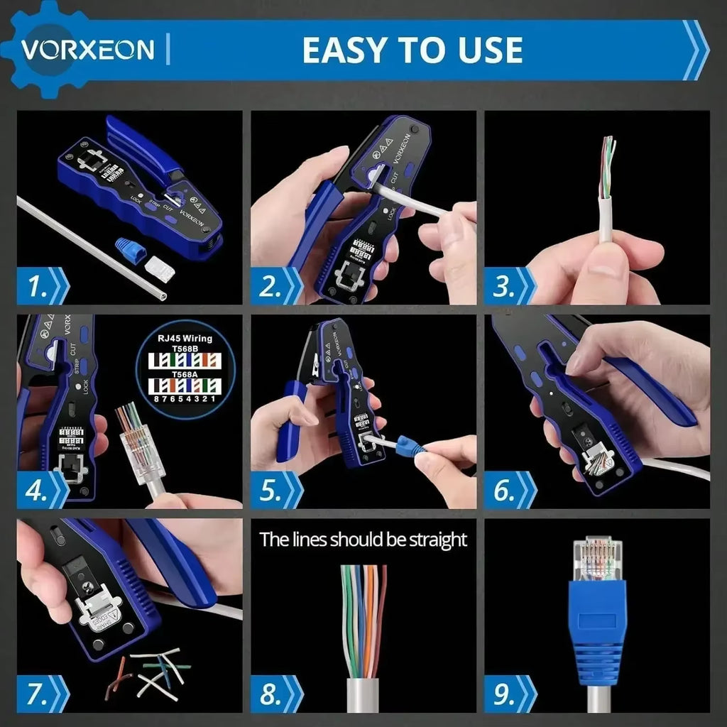 RJ45 Crimp Tool Kit Through-Hole Network Cable Crimper with Mini Wire Stripper,50Pcs RJ45 Cat6 Pass-Through Crystals,Spare Blade
