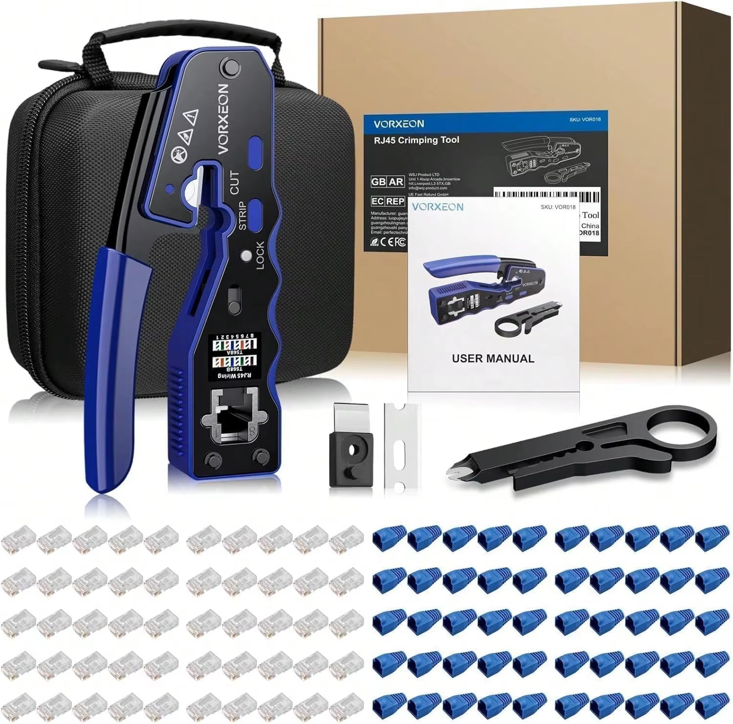 RJ45 Crimp Tool Kit Through-Hole Network Cable Crimper with Mini Wire Stripper,50Pcs RJ45 Cat6 Pass-Through Crystals,Spare Blade