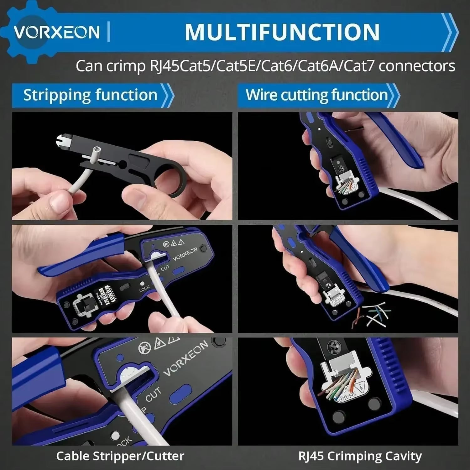 RJ45 Crimp Tool Kit Through-Hole Network Cable Crimper with Mini Wire Stripper,50Pcs RJ45 Cat6 Pass-Through Crystals,Spare Blade